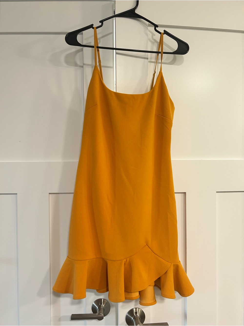Selfie Leslie Mustard Yellow Spaghetti Strap Ruffle Hem Mini Dress